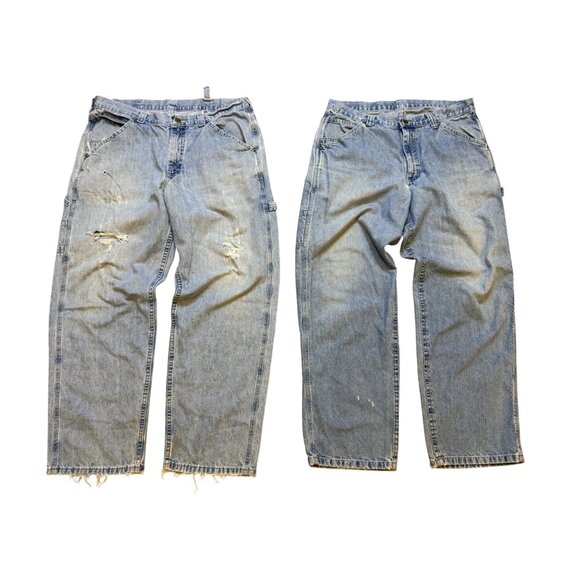 Vintage 90s Y2K Lee Dungaree Light Wash Loose Baggy Carpenter Jeans Wide Leg Wor - Picture 1 of 12